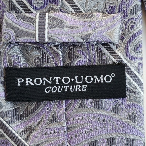 PRONTO UOMO COUTURE PURPLE GRAY SILK PAISLEY EXTRA LONG TIE 3.25 BY 63"  LONG - Picture 5 of 9